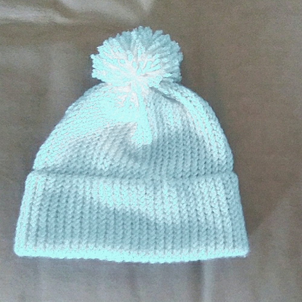 Pastel Bkue Hand Knitted Toddler Pompom Beanie Hat NWT
